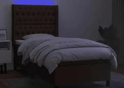 Pat cu arcuri, saltea și LED, maro închis, 80x200 cm, textil - 3/5