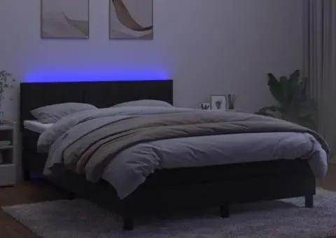 Pat cu arcuri, saltea și LED, negru, 140x190 cm, catifea - 3/5