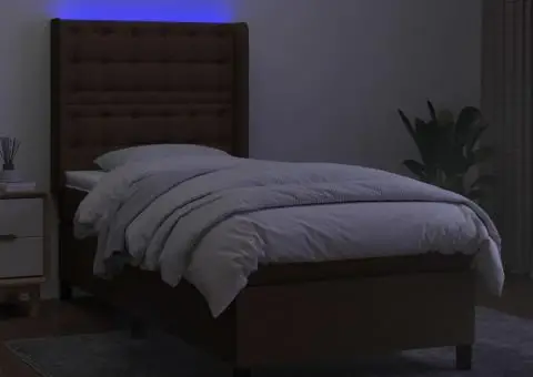 Pat cu arcuri, saltea și LED, maro închis, 90x190 cm, textil - 3/5