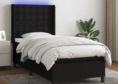 Pat cu arcuri, saltea și LED, negru, 90x190 cm, textil - 1/5