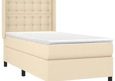 Pat cu arcuri, saltea și LED, crem, 90x190 cm, textil - 4/5