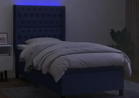 Pat cu arcuri, saltea și LED, albastru, 90x200 cm, textil - 3/5