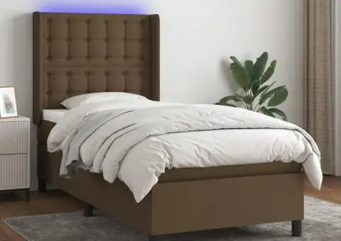 Pat cu arcuri, saltea și LED, maro închis, 80x200 cm, textil - 1/5