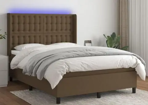 Pat cu arcuri, saltea și LED, maro închis, 140x200 cm, textil - 1/5