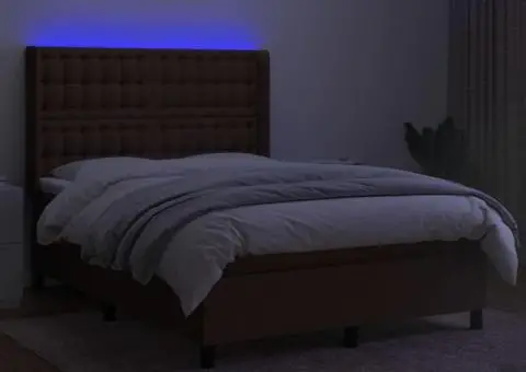 Pat cu arcuri, saltea și LED, maro închis, 140x200 cm, textil - 3/5