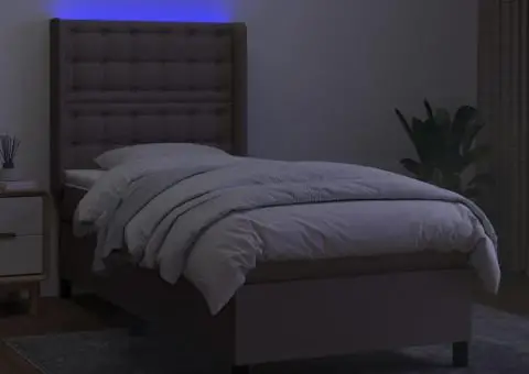 Pat cu arcuri, saltea și LED, gri taupe, 90x200 cm, textil - 3/5