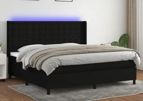 Pat cu arcuri, saltea și LED, negru, 200x200 cm, textil - 1/5