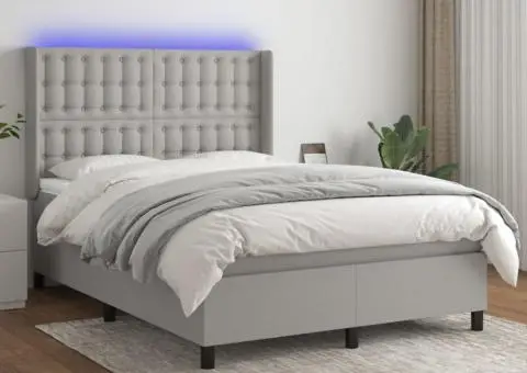 Pat cu arcuri, saltea și LED, gri deschis, 140x200 cm, textil - 1/5