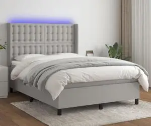 vidaXL Pat cu arcuri, saltea și LED, gri deschis, 140x200 cm, textil