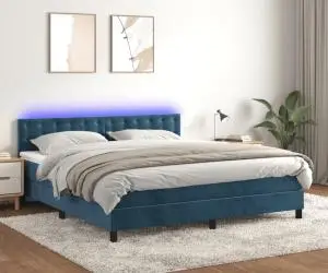 vidaXL Pat cu arcuri, saltea și LED, bleumarin, 180x200 cm, catifea