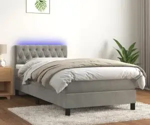 vidaXL Pat cu arcuri, saltea și LED, gri deschis, 100x200 cm, catifea