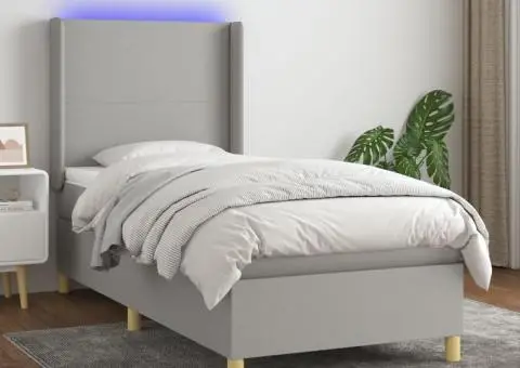 Pat cu arcuri, saltea și LED, gri deschis, 90x190 cm, textil - 1/5