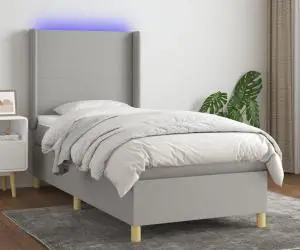 vidaXL Pat cu arcuri, saltea și LED, gri deschis, 90x190 cm, textil