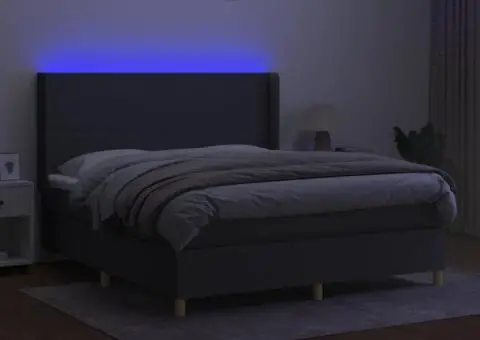 Pat cu arcuri, saltea și LED, gri închis, 160x200 cm, textil - 3/5