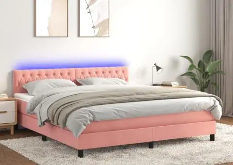 Pat continental cu saltea & LED, roz, 180x200 cm, catifea - 1/5