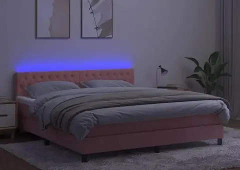 Pat continental cu saltea & LED, roz, 180x200 cm, catifea - 4/5