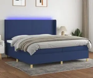 vidaXL Pat cu arcuri, saltea și LED, albastru, 200x200 cm, textil