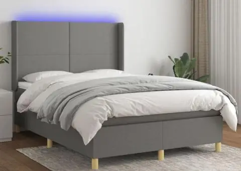 Pat cu arcuri, saltea și LED, gri închis, 140x200 cm, textil - 1/5