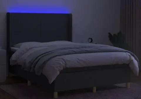 Pat cu arcuri, saltea și LED, gri închis, 140x200 cm, textil - 3/5