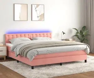 vidaXL Pat cu arcuri, saltea și LED, roz, 160x200 cm, catifea