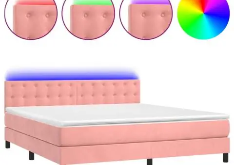 Pat cu arcuri, saltea și LED, roz, 160x200 cm, catifea - 2/5