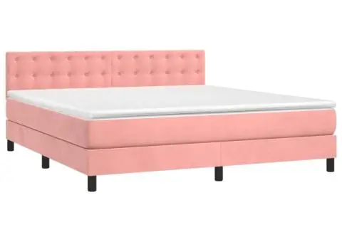 Pat cu arcuri, saltea și LED, roz, 160x200 cm, catifea - 3/5