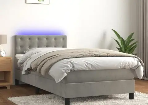 Pat continental cu saltea & LED, gri deschis, 80x200 cm catifea - 1/4