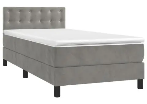 Pat continental cu saltea & LED, gri deschis, 80x200 cm catifea - 3/4