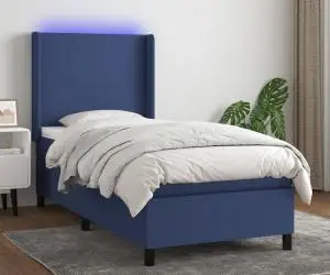 vidaXL Pat cu arcuri, saltea și LED, albastru, 90x200 cm, textil