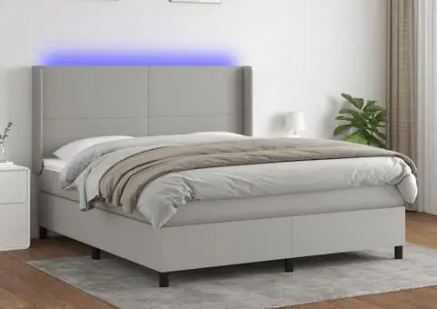 Pat cu arcuri, saltea și LED, gri deschis, 160x200 cm, textil - 1/5