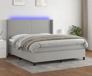 vidaXL Pat cu arcuri, saltea și LED, gri deschis, 160x200 cm, textil