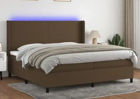 Pat cu arcuri, saltea și LED, maro închis, 200x200 cm, textil - 1/5