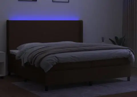 Pat cu arcuri, saltea și LED, maro închis, 200x200 cm, textil - 3/5