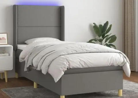 Pat cu arcuri, saltea și LED, gri închis, 90x190 cm, textil - 1/5