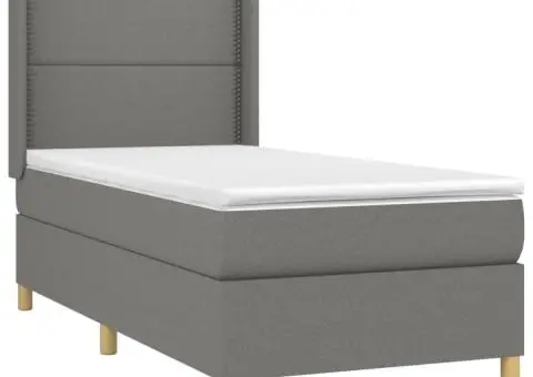 Pat cu arcuri, saltea și LED, gri închis, 90x190 cm, textil - 4/5