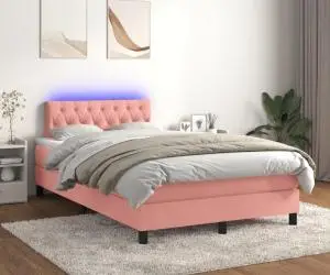 vidaXL Pat continental cu saltea & LED, roz, 120x200 cm, catifea