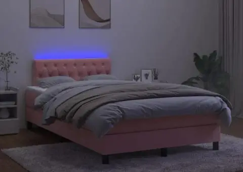 Pat continental cu saltea & LED, roz, 120x200 cm, catifea - 4/5