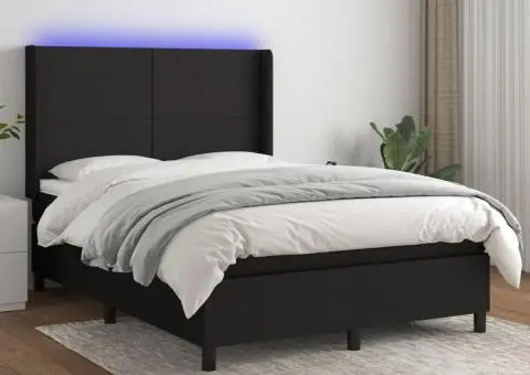 Pat cu arcuri, saltea și LED, negru, 140x200 cm, textil - 1/5