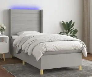 Pat cu arcuri, saltea și LED, gri deschis, 100x200 cm, textil