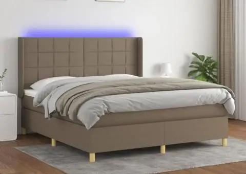 Pat cu arcuri, saltea și LED, gri taupe, 180x200 cm, textil - 1/5