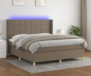 vidaXL Pat cu arcuri, saltea și LED, gri taupe, 180x200 cm, textil