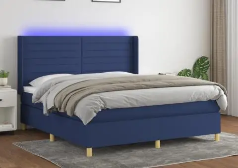 Pat cu arcuri, saltea și LED, albastru, 160x200 cm, textil - 1/5