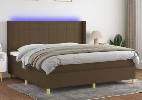 Pat cu arcuri, saltea și LED, maro închis, 200x200 cm, textil - 1/5