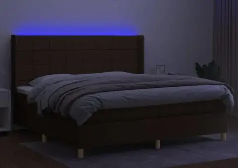 Pat cu arcuri, saltea și LED, maro închis, 200x200 cm, textil - 3/5