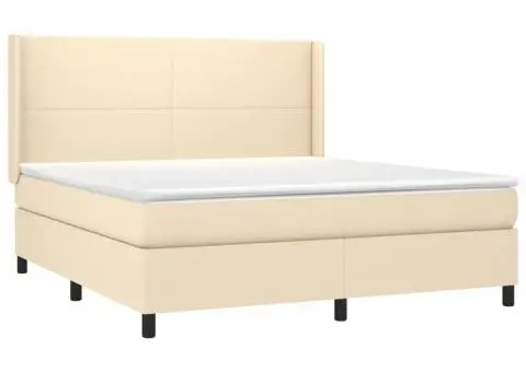 Pat cu arcuri, saltea și LED, crem, 180x200 cm, textil - 4/5