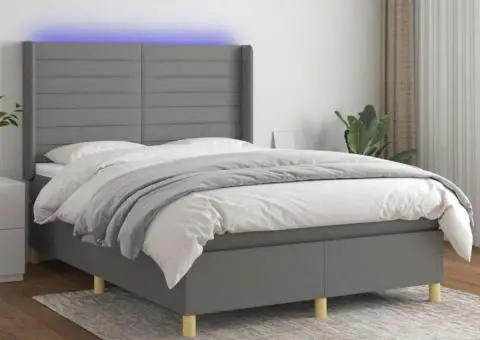 Pat cu arcuri, saltea și LED, gri închis, 140x190 cm, textil - 1/5