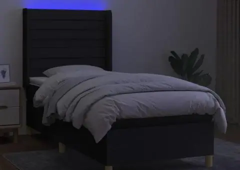 Pat cu arcuri, saltea și LED, negru, 90x200 cm, textil - 3/5