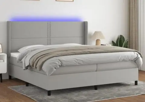 Pat cu arcuri, saltea și LED, gri deschis, 200x200 cm, textil - 1/5