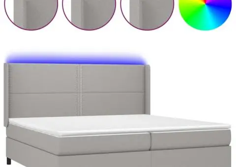 Pat cu arcuri, saltea și LED, gri deschis, 200x200 cm, textil - 2/5