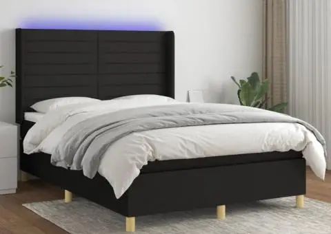 Pat cu arcuri, saltea și LED, negru, 140x200 cm, textil - 1/5